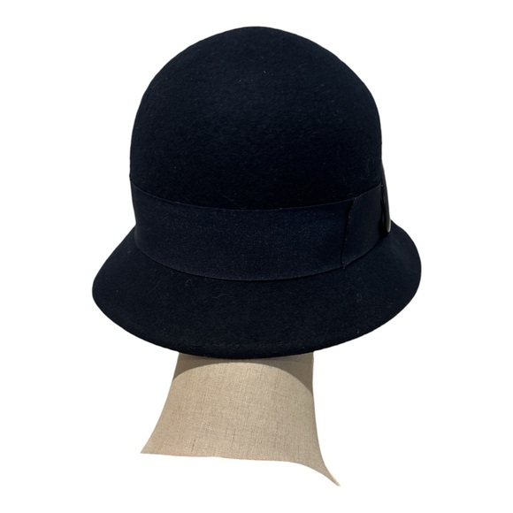 90s WOOL FELT NAVY CLOCHE HAT W GROSGRAIN RIBBON & NAVY BUCKLE RETRO WHMISY 8" - Picture 6 of 7